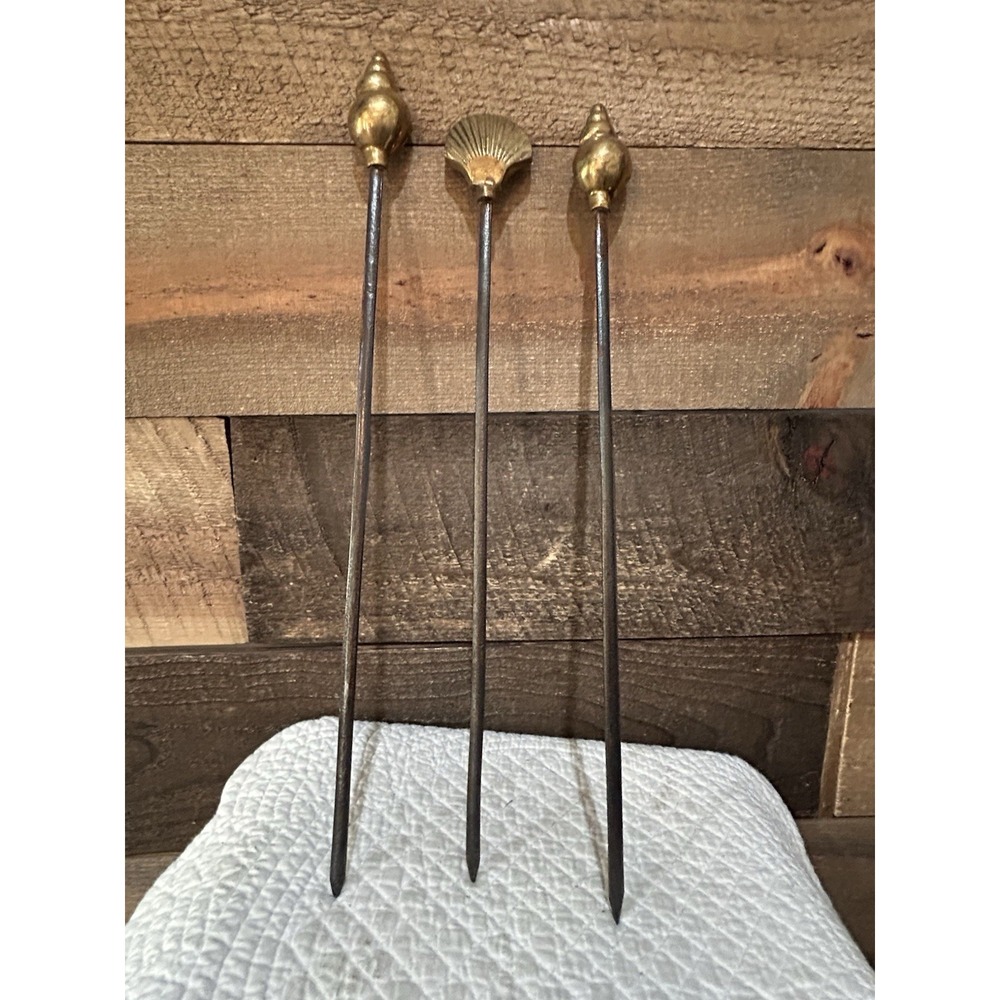3 Vintage BBQ Orante Roasting Skewers Seashells Brass